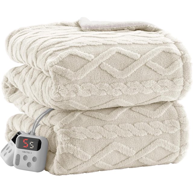 QinaQin 72 Inch*84 Inch Machine Washable Dual Control Electric Blanket Premium Stylish Thick Tufted Sherpa with Enhanced Heating System Full Size White