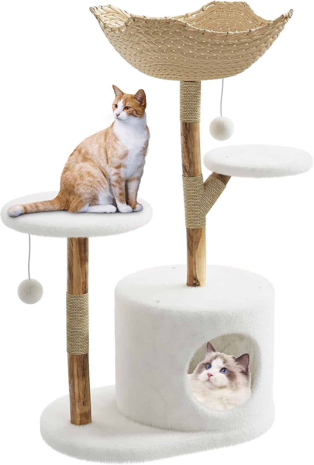 Stylish Feline Tower,Modern Natural Wood Cat Tree with Large Rattan Basket,Scratching Posts,Realistic Branch Design,Rest and Play,There are branches