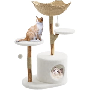 Stylish Feline Tower,Modern Natural Wood Cat Tree with Large Rattan Basket,Scratching Posts,Realistic Branch Design,Rest and Play,There are branches