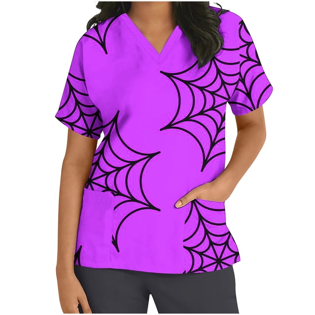 Dvkptbk Sarrau pour Femmes Halloween T-Shirts à Col en V à Manches Courtes pour Femmes Mode Décontractée Halloween Imprimé Citrouille Imprimé Araignée T-Shirts Tenue de Travail Infirmière avec Poches