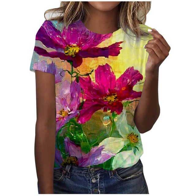 EQWLJWE Hauts d'Été pour Femmes Hauts pour Femmes en Liquidation Femmes Surdimensionné Été Décontracté Manches Courtes Col Rond Imprimé Manches Hauts Blouse Ample