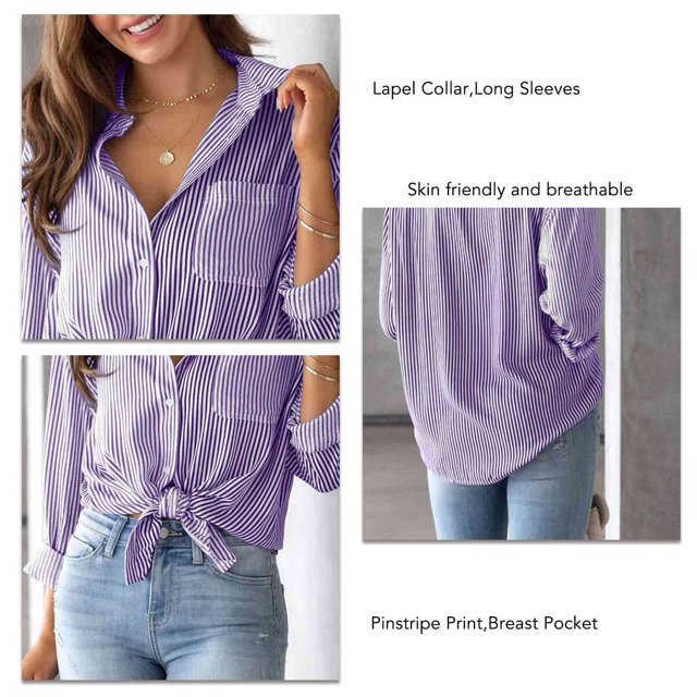 Chemisier Cardigan Décontracté à Col à Revers et Rayures pour Femmes Automne avec Boutons Manches Longues Poche Poitrine
