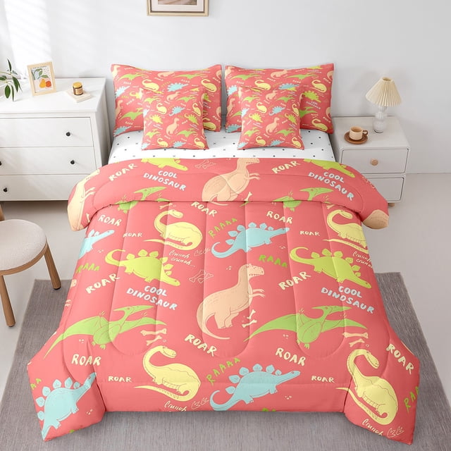 YST 7Pcs Kids Dinosaur Comforter Set with Sheets, Hot Orange Cartoon Dino Bedding Set, Polyester, Comforter & Duvet Type, King (1 Count)