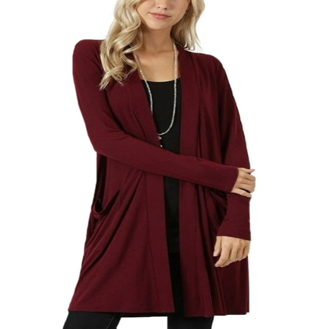 Womens Long Sleeve Cardigan Pockets Plus Size Open Front Jackets Plain Outerwear