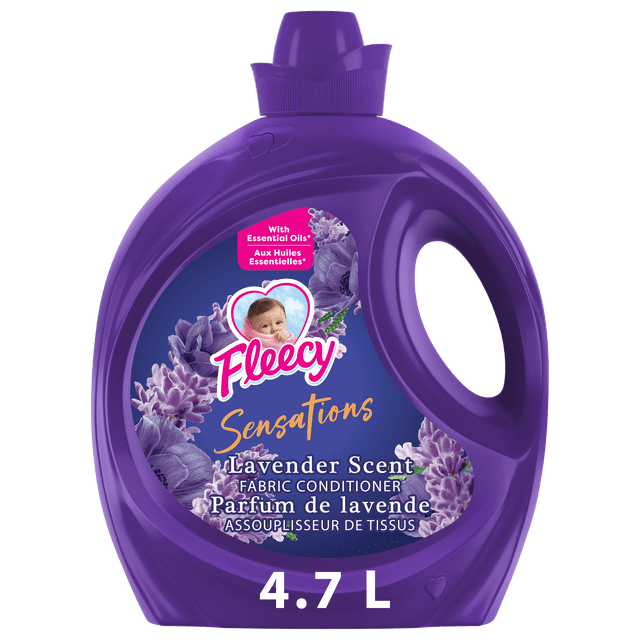 Fleecy Sensations Liquid Fabric Conditioner Lavender Scent 4.7 L purple plastic bottle with ergonomic handle and screw cap, label featuring lavender flowers and text highlighting essential oils for fabric softening and freshness