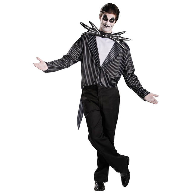 Jack Skellington Costume in men's size 42-46, featuring a black and white pinstriped cutaway tailcoat jacket with wide lapels, a white ascot, and a bat-shaped bow tie with wire detailing. The jacket fastens with a Velcro dot at the center front, and the bow tie and ascot secure with Velcro and self-fabric ties, respectively. Pants, makeup, and shoes are not included. Made of 100% polyester.