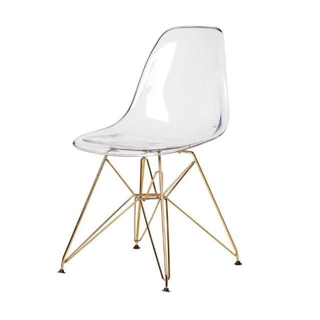 Heavenly Collection Ensemble de 4 Chaises de Salle à Manger Transparentes et Dorées avec Siège en Acrylique Transparent et durable et Dossier Solide, Soutenues par un Cadre en Métal Doré avec Pattes Géométriques, Idéal pour une Cuisine et des Sièges de Salle à Manger Modernes et des Expériences de Repas Confortables.