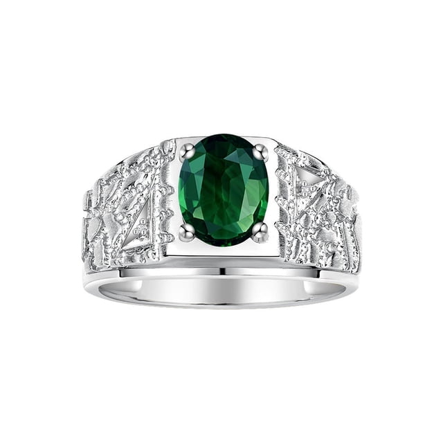 RYLOS Men's Rings Sterling Silver Designer Nugget Ring Oval 9X7MM Gemstone & Diamonds Green Sapphire Birthstone Rings For Man Size 10