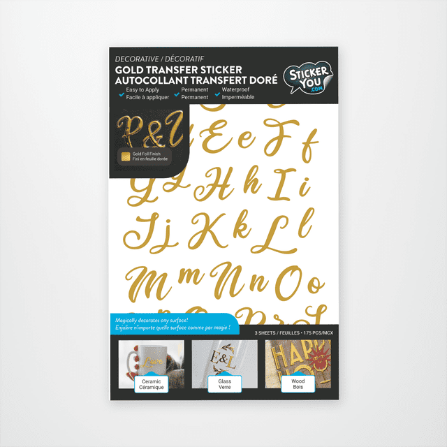 StickerYou Gold Foil Alphabet Script Transfer Stickers letter sheet set with 3 sheets containing 175 gold foil script letters, featuring permanent, waterproof UV adhesive for easy application on ceramic, glass, plastic, and finished wood surfaces, suitable for labels, crafts, and décor.