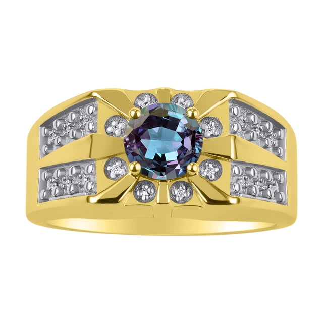 RYLOS Men's Rings Yellow Gold Plated Silver Designer Starburst 7MM Round Gemstone & Diamond Ring Alexandrite June Size 9