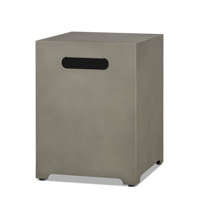 Couvercle de Réservoir de Propane en Gris Brume, cube en Acier Enduit de Poudre avec Fini Mat et Poignée Ovale Ajourée à l'Avant, Conçu pour Tenir Solidement un Réservoir de Propane de 20 lb et Fonctionner comme table d'Appoint, avec Pieds de Nivellement Ajustables et construction Résistante aux Intempéries pour Foyers au Propane Extérieurs.