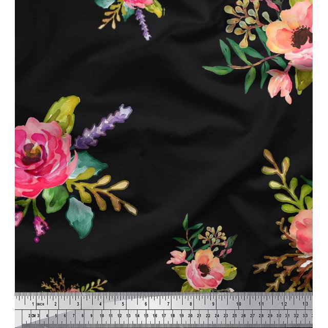 Soimoi Cotton Duck Fabric Leaves & Anemone Flower Decor Fabric Printed Yard 56 Inch Wide