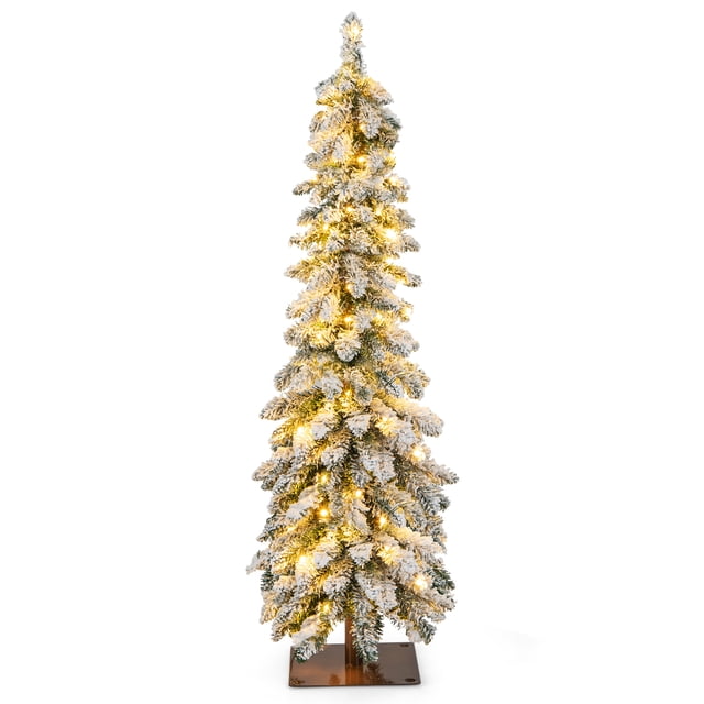 Patiojoy 4FT Pre-lit Artificial Christmas Tree Snow-flocked Xmas Pencil Tree with 225 Branch Tips and 100 LED Lights. The tree features a slim pencil shape with snow-flocked branches, creating a winter-inspired look. It is pre-lit with 100 LED lights offering warm white and colorful lighting options, along with 11 dynamic modes. The tree is made of flame-retardant PVC material and includes a sturdy square metal base for stability. Ideal for homes, offices, or shops, it is easy to assemble and store, with gloves provided for safe handling.