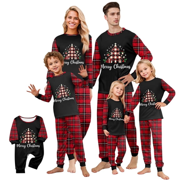 Christmas Loungewear,Christmas Family Pajamas,Xmas Pjs With Plaid Christmas Tree With Merry Christmas Lettering, Christmas Long Sleeve Full Length Onesie Romper, Coordinated Xmas Sleepwear, for Xmas
