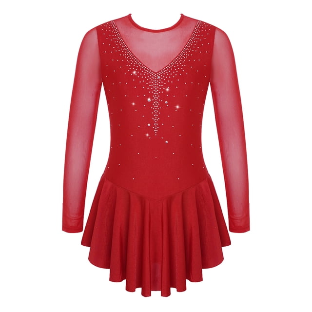 Yeahdor Kids Girls Figure Skating Dress Rhinestone Mesh Irregular Ballet Dan Dress Performance Dancewear Burgundy 8