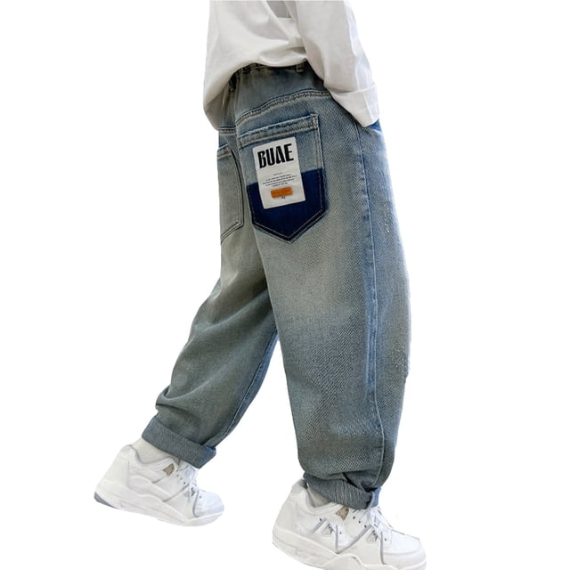Boys' Baggy Jeans Straight Leg Jeans With Pockets Elastic Waist Distressed Ripped Denim Pants With Holes,