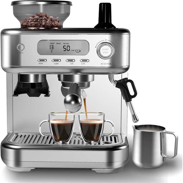 EastVita Machine with Grinder Cappuccino and Latte Maker with Powerful Milk Frother for Home Barista, LCD Display,Stainless Steel Coffee Maker