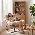 thumbnail image 4 of Indoor Outdoor Patio Rocking Glider Chair – 450 lbs Capacity – Weather-Resistant Rattan, UV-Proof Cushion & soft Toy Fleece Upholstery – Sturdy Rubber Wood & Reinforced Steel Frame, 4 of 5