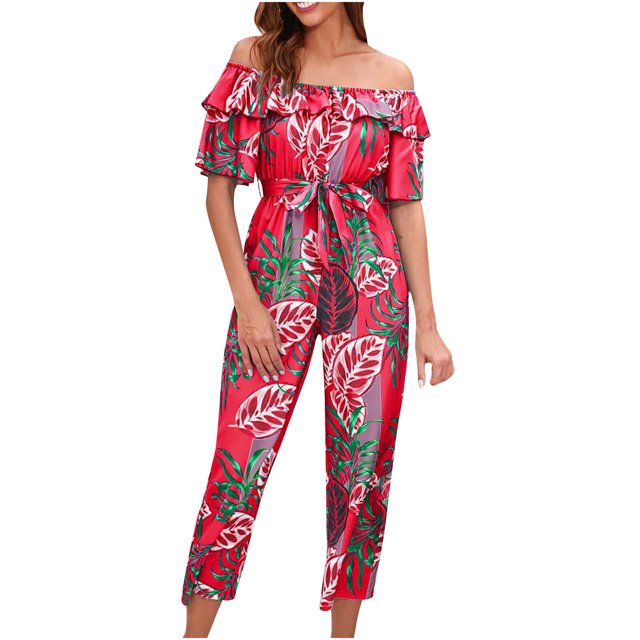 Penkiiy Combinaisons pour Femmes Mode Décontractée Imprimée Volants Bretelles une Épaule Combinaison à Lacets Pantalon Grand Rouge G Combinaisons