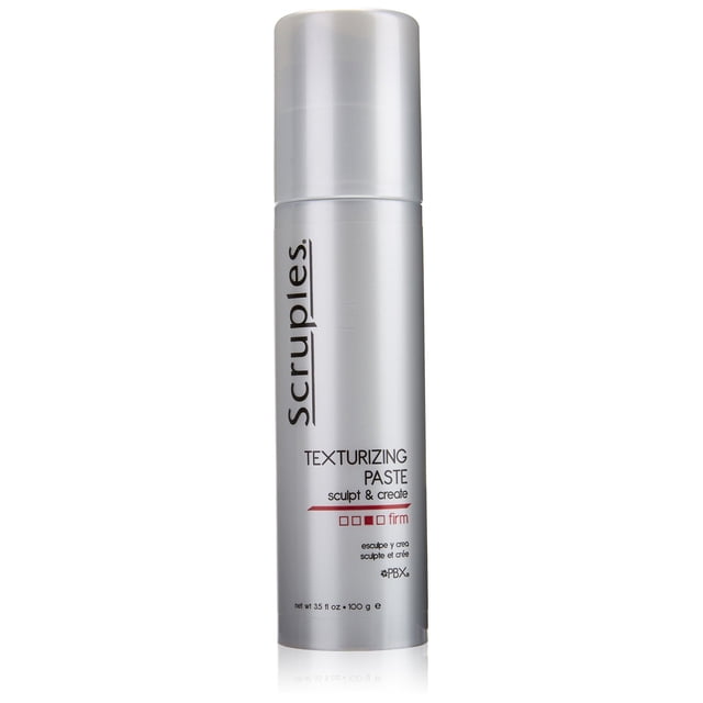 Scruples Texturizing Paste Hair Care in a 3.5 fluid ounce container. The product is designed for sculpting and creating textured hairstyles, offering firm hold. The silver cylindrical packaging features the Scruples logo and product details in black and red text.