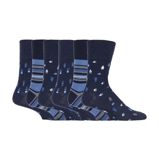 Gentle Grip - 6 Pairs Mens Gentle Grip Non Elastic Socks featuring a variety of blue and navy patterns, including stripes and geometric designs. Made from soft, cotton-rich yarn with a HoneyComb Top for comfort, these socks are designed to improve circulation and reduce constriction marks. Ideal for individuals with circulatory issues or diabetes, they include flat seamed toes for added wearability and breathability.