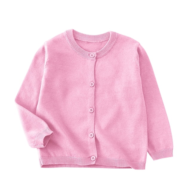 SROBPTY Girls Fall Cardigans, Children's Solid Color Long Sleeve Fleece Knitted Cardigan Round Neck Sweater Pink 4-5 Years