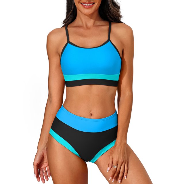 Scoop Neck Bikini Sets for Womens Adjustable Straps Bathing Suit High Waisted Two Piece Swimsuit. This swimsuit features a vibrant color-blocked design in blue, black, and teal. The scoop neck top includes adjustable straps and removable bra pads for comfort and support. The high-waisted bottom provides full coverage with a modest leg cut and tummy control. Made from 82% nylon and 18% spandex, the fabric is breathable, quick-drying, and offers UPF 50+ sun protection. Ideal for swimming, beachwear, and poolside activities.