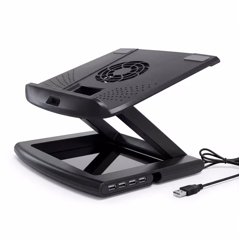 thumbnail image 1 of Universal Laptop & Tablet Cooling Stand – Ergonomic Height Adjustable Riser with 4-Port Detachable USB Hub & Ultra-Silent 2400RPM Fan – Compatible with 13-15" Devices (Black), 1 of 3