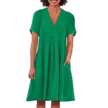 Swstbby Liquidation d'Économies d'Été! Robe d'Été pour Femmes, Robe Décontractée Ample Rétro en Coton et Lin à Manches Courtes, Col en V, Plissée, Verte TG