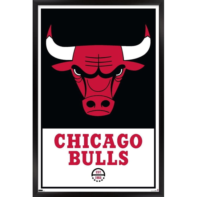 NBA Chicago Bulls - Logo 21 Wall Poster, 22.375" x 34" framed showing a centered red bull head logo with white horns on a black background above bold red 'CHICAGO BULLS' text and a small circular 'EST. 1966' emblem on a white lower panel, ideal for home décor, dorm rooms, or offices.