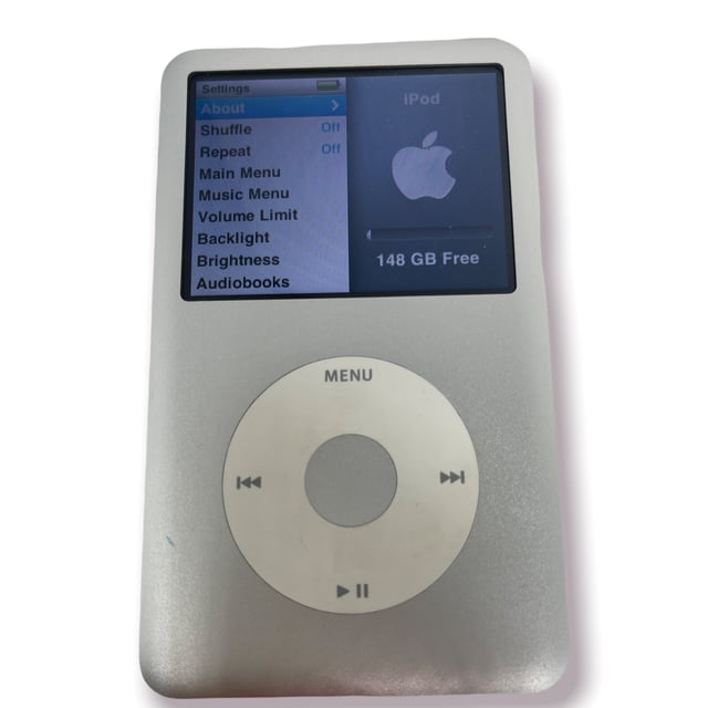 Apple iPod 7e Gén iPod Classique 120 Go Argent en excellent État. l'Avant Est Propre, l'Arrière Montre des Égratignures Mineures par Rapport à l'Usage normal. les Fonctions Incluent une Molette à Clic, un Stockage de 120 Go et jusqu'à 36 Heures de Lecture audio. l'Affichage Affiche le menu des Réglages avec un Espace Libre de 148 Go. Comprend un Nouveau Câble USB et un Étui à Rabat.