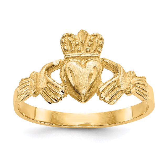 14K Yellow Gold Satin & Diamond Cut Claddagh Ring