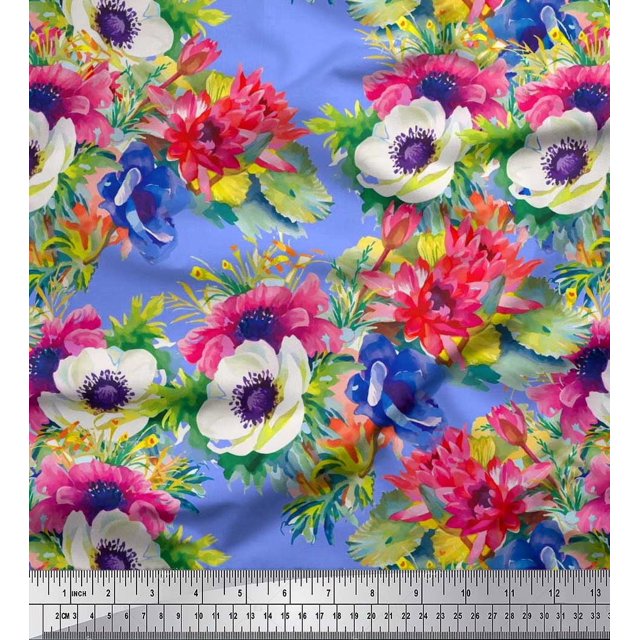 Soimoi polyester Crepe Fabric Leaves,Lotus & Anemone Floral Decor Fabric Printed Yard 42 Inch Wide