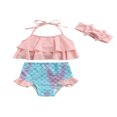 thumbnail image 1 of Toddler Girls 3Pcs Bikini Set  Solid Color Ruffle Halter Tops + Mermaid Bottom + Headband Set, 1 of 7