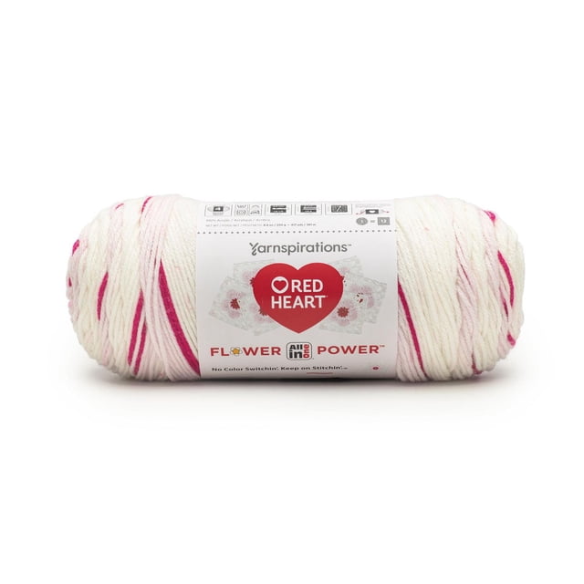Red Heart® All In One Flower Power™ #4 Worsted (Medium) Acrylic Yarn skein in white with pink and red engineered stripes, 8.8oz/250g, 417 yards, featuring the Red Heart logo and crochet motif instructions, designed for seamless floral crochet projects with fewer ends to weave in and machine washable care.