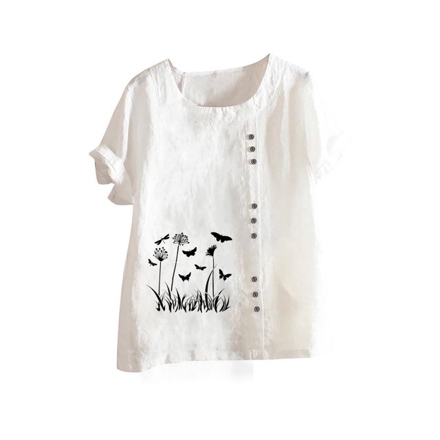 Pisexur Hauts d'Été pour Femmes T-Shirts Graphiques à Fleurs en Coton Blouse Ample à Imprimé Floral Col Rond Blouse Surdimensionnée Chemises Décontractées à Manches Courtes