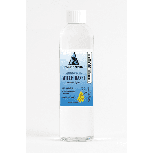 Witch hazel distillate face toner, all natural and alcohol-free, in an 8 oz clear plastic bottle with a white cap. The label features the brand Health & Beauty, botanical name Hammamelis Virginiana, and highlights its pure and natural formulation obtained through distillation. Suitable for sensitive skin and alcohol-free formulations.