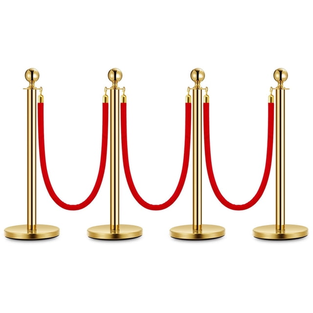 Gold Stanchion Posts with 5 FT Red Velvet Ropes – Elegant Crowd Control Barriers for VIP Events, Red Carpets, Weddings & More