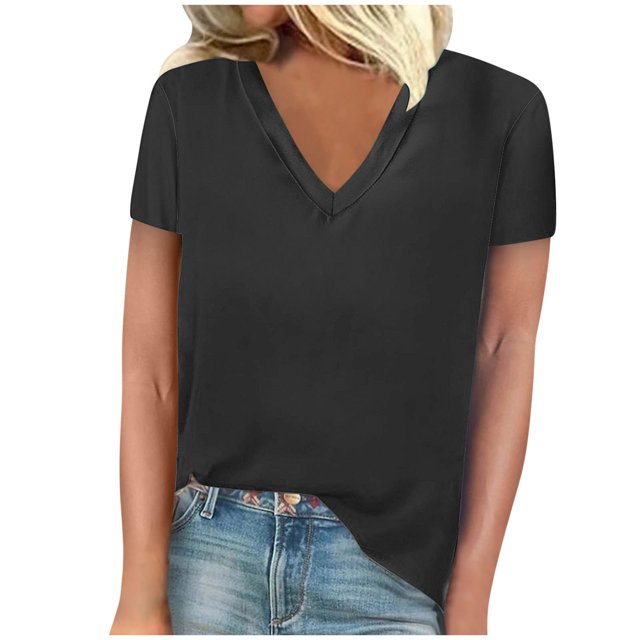 FAIWAD Womens Summer Tops Short Sleeve V Neck Pullover Shirts Loose Casual Solid Color Basic Tops