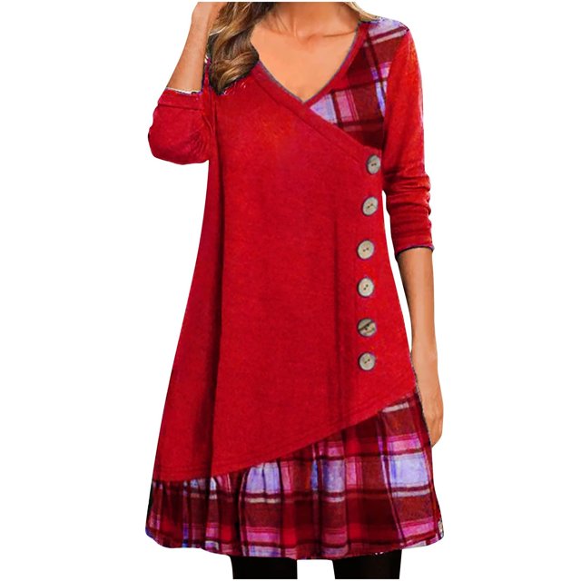 Pompotops Robe pour Femmes à Col en V, Colide, à Carreaux, Patchwork, à Manches Longues, avec Boutons, en Solde