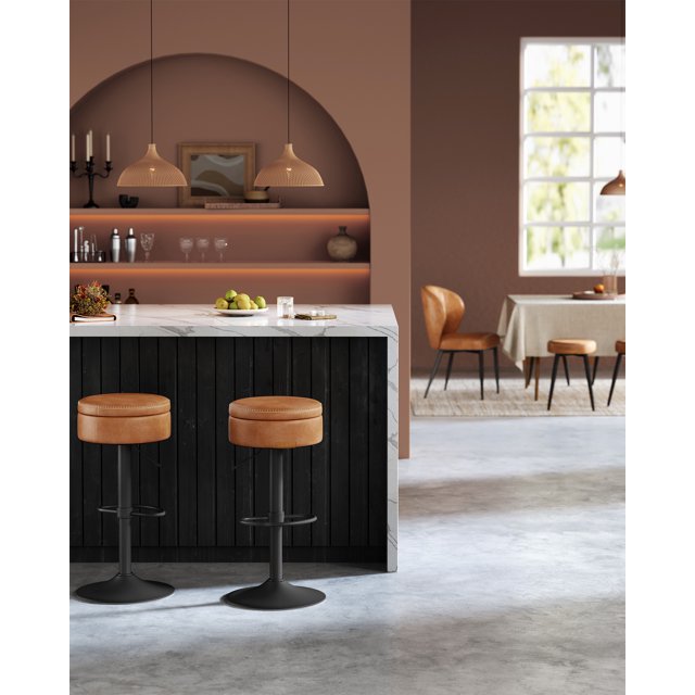 360° Swivel Bar Stool, Height Adjustable Barstool with Storage, Synthetic Leather with Stitching, Mid-Century Modern, Kitchen Bar, Brown