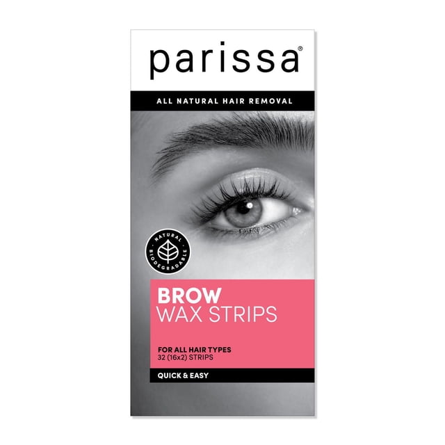 Parissa Brow Wax Strips packaging showing a close-up grayscale photo of a woman's eye and eyebrow, with a pink label stating 32 strips for all hair types, emphasizing natural biodegradable ingredients and quick, easy at-home waxing for eyebrow hair removal.