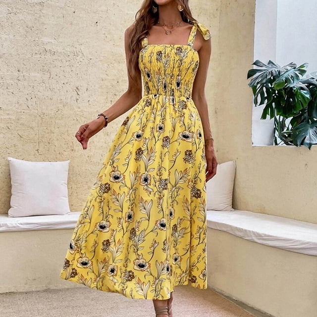 FcBaudy Robe Sans Manches à Encolure Carrée, Robes pour Femmes, Robes d'Été pour Femmes Robe Femme Dos Ouvert Sans Manches à Cordon Imprimée Élégante Jupe Longue pour Femme Robe Femme