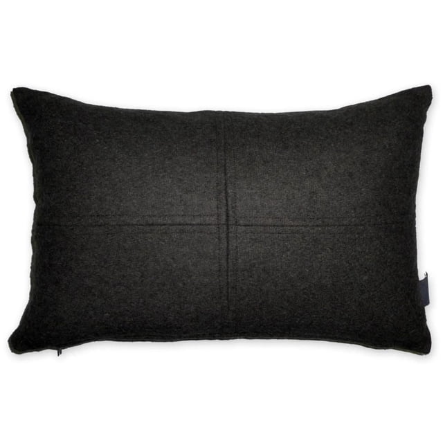 Ginger Black Decorative Pillow, rectangular and feather filled, with soft black fabric and subtle cross-stitch detail at the center, designed to uplift couches, sofas, or bedding; also suitable as a comfortable lumbar support pillow.