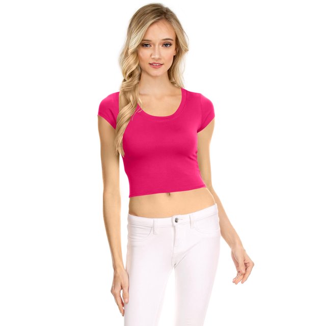 NYL Womens Basic Short Sleeve Scoop Neck Crop Top - USA, L, Fuchsia