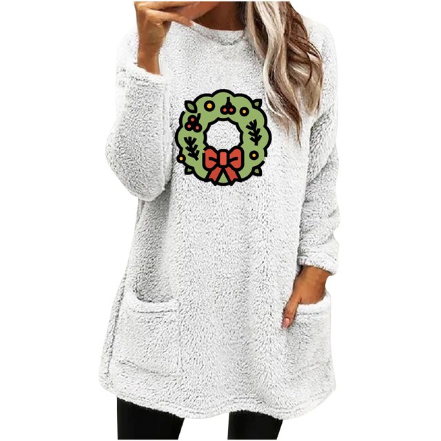 Timegard Tops for Women Fall Winter Fleece Linend Christmas Print Long Sleeve Thick Pullover with Pockets