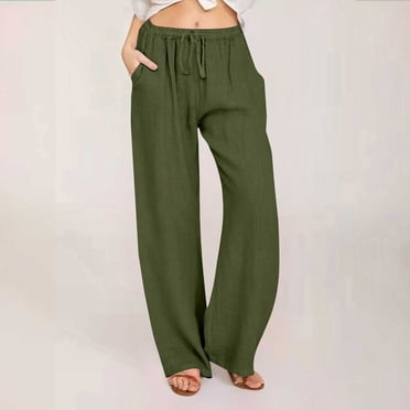 LOVZFMLL Women's Pants, Casual Cotton Linen Drawstring Elastic Waist Long Wide Leg Pants Green, M