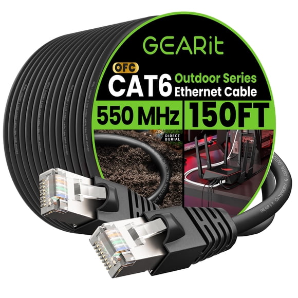 GEARit Cat6 Câble Ethernet Extérieur (150 Pieds) 23AWG Cuivre Pur, FTP, LLDPE, Étanche, Enfouissement Direct, Encastré, Résistant aux UV, POE, Réseau, LAN, Inte