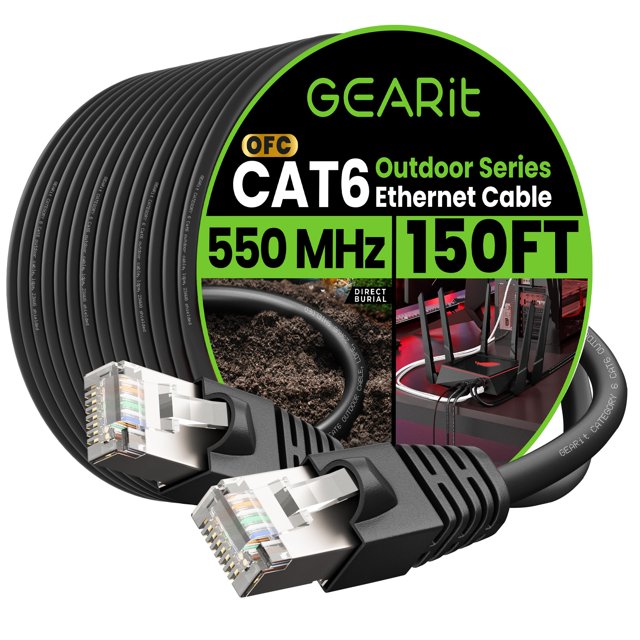 GEARit Cat6 Outdoor Ethernet Cable (150ft) 23AWG Pure Copper, FTP, LLDPE, Waterproof, Direct Burial, In-Ground, UV Resistant, POE, Network, LAN, Inte
