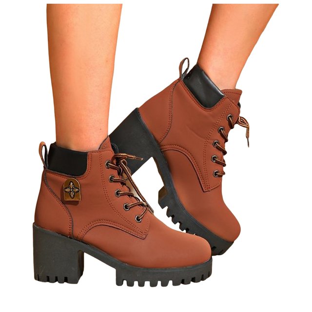 Platform Combat Boots for Women Trendy Leather Waterproof Non Slip Chunky High Heel Riding Ankle Booties